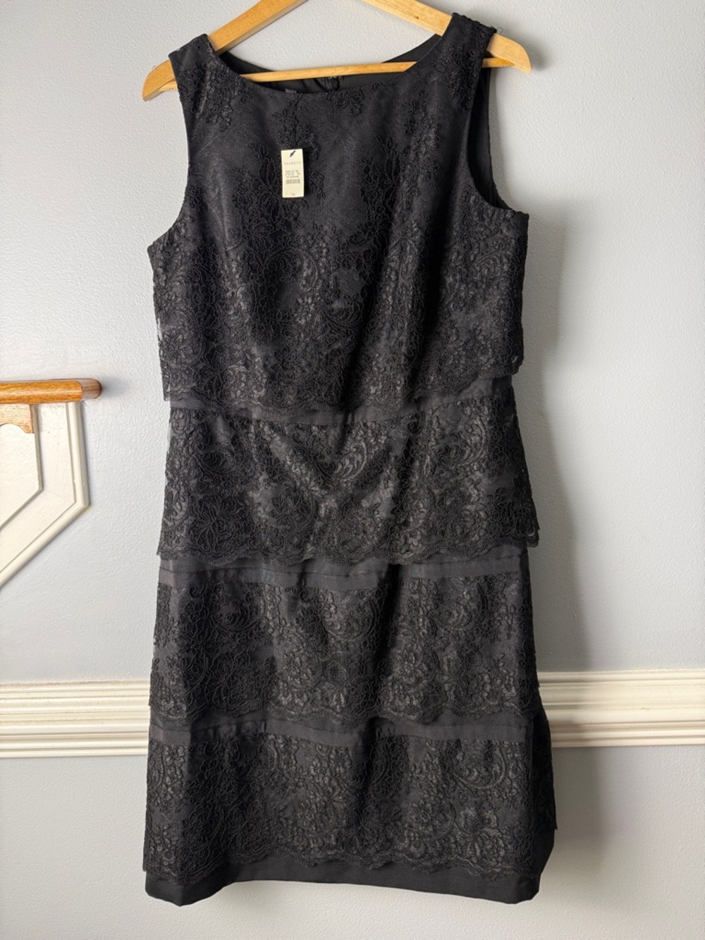 Talbots Black Sleeveless Lace Tiered Midi Dress with Boat Neck New
